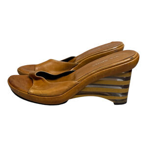 Via Spiga Tan Leather Clear Stripe Plastic Wedge Slide Sandals Size 9 M